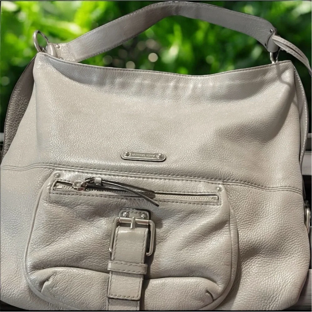 Michael Kors Pebbled Leather Hobo Shoulder Bag Light Gray Large Slouchy Purse
